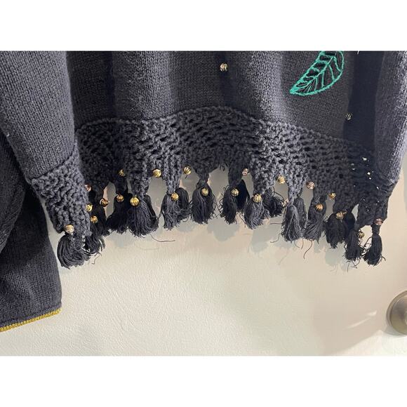 Vintage Fairy Grunge Sweater Floral Embroidered Beaded Fringe Bells Granny Large - Picture 4 of 10